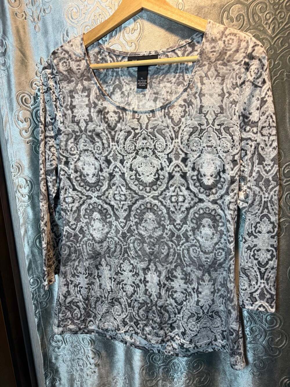 INC International Concepts Women's Gray Damask Print Long Sleeve Top Size XL